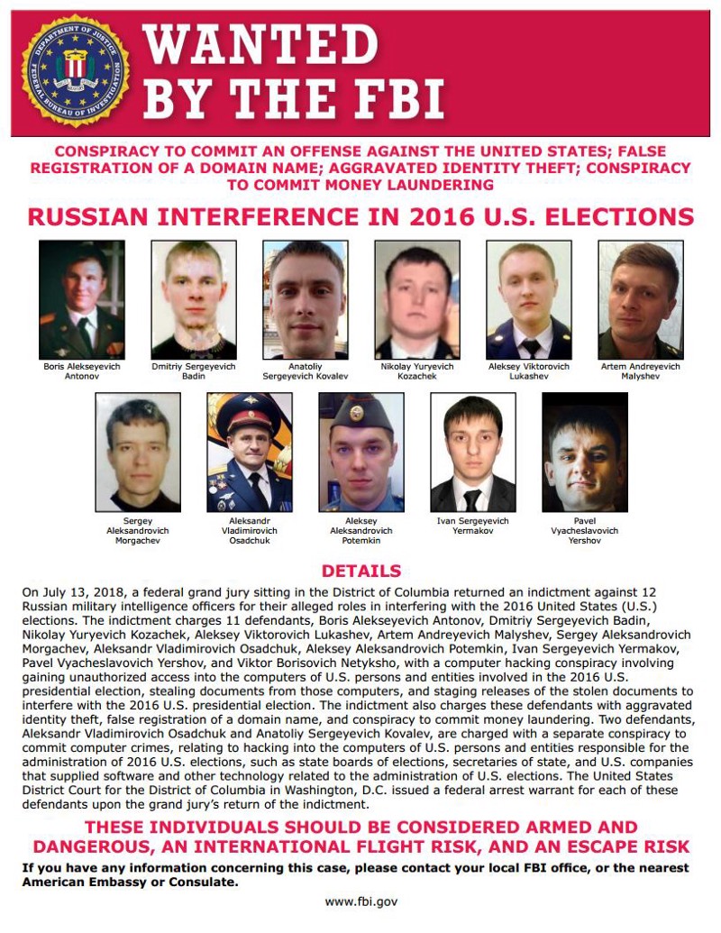 FBI Most Wanted Poster — 2016 Russian Interference